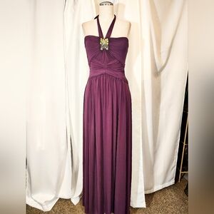 BCBG Halter Sheath Dress, Long,Pleated Bust & Waist, Neck Tie, Purple, ZipUp,  4